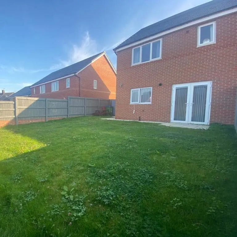 Before: plain lawn behind a new-build semi with concrete post fencing